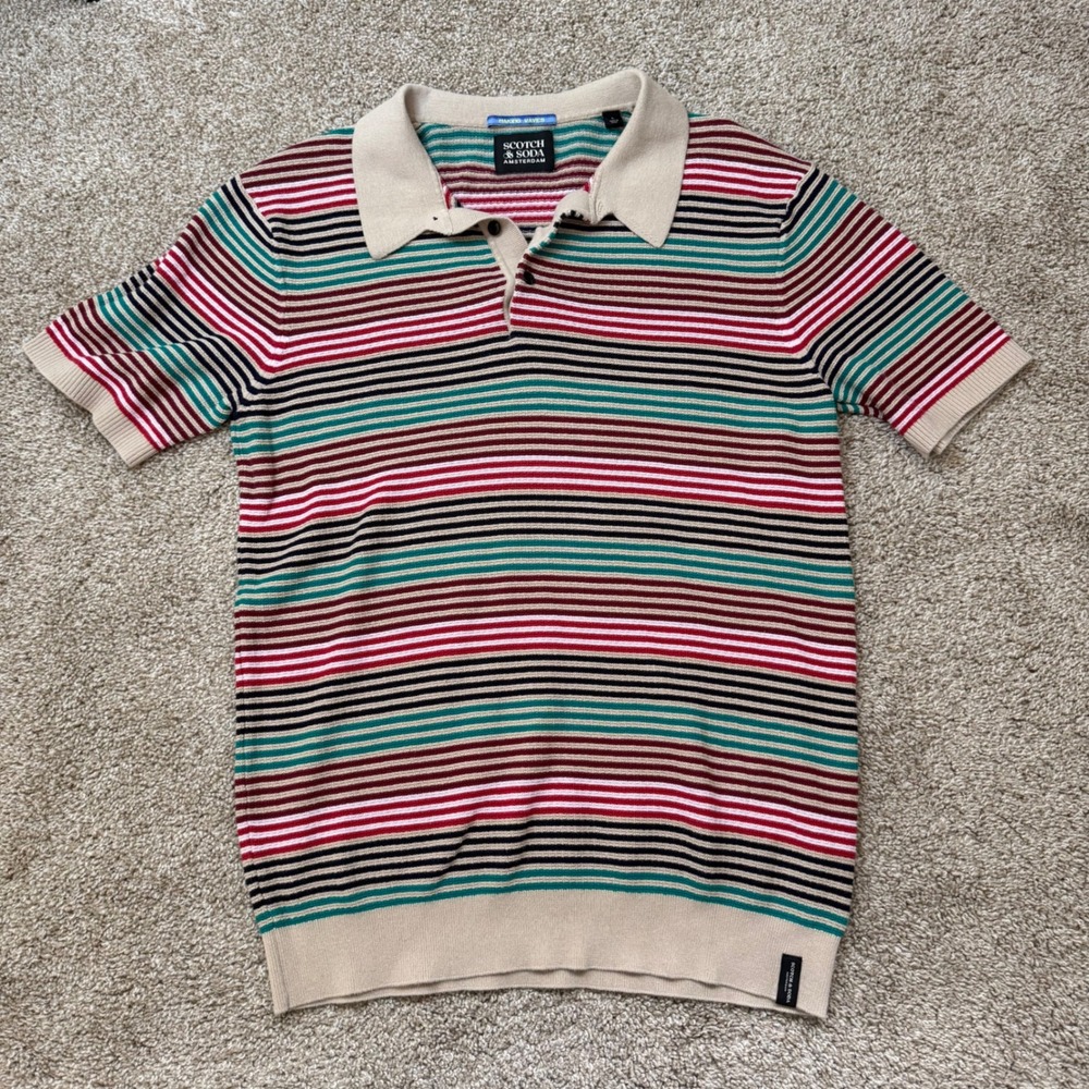 Scotch & Soda Knit Polo Shirt Men L Beige Multi Color Striped Making Waves